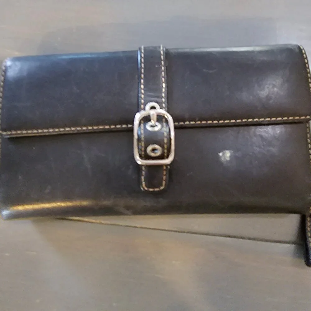 Coach Black Leather Buckle  Bi-Fold Check Book Wallet